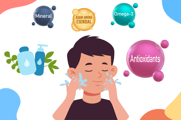 Man applying moisturizer while looking in the bathroom mirror, surrounded by men's skincare products