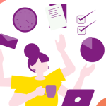 Flat lay of a productivity planner, coffee mug, and digital timer on a clean desk.